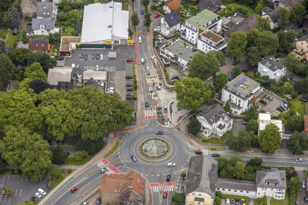 Aerial view, roundabout and construction site at Viktoriastraße corner Friedrich-Ebert-Straße, Unna, Ruhr area, North Rhine-Westphalia, Germany, construction work, construction area, construction site, construction measure, construction project, construction site, DE, Europe, roundabout, roundabout, roundabout, aerial view, aerial photography, aerial photography, overview, bird's-eye view, overview