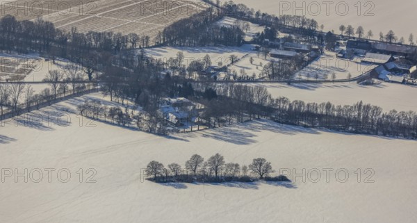 Aerial view, row of trees in the snow, Afferde, Unna, Ruhr area, North Rhine-Westphalia, Germany, DE, Europe, shapes and colours, aerial view, aerial photography, aerial photography, snow, overview, bird's eye view, winter, onset of winter, winter landscape, birds-eyes view, overview