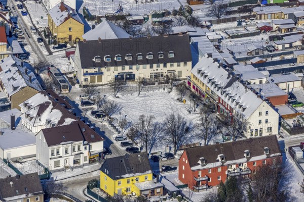 Aerial view, market Königsborn, Königsborn, Unna, Ruhr area, North Rhine-Westphalia, Germany, DE, Europe, aerial view, aerial photography, aerial photography, market, snow, overview, bird's-eye view, winter, winter landscape, birds-eyes view, overview