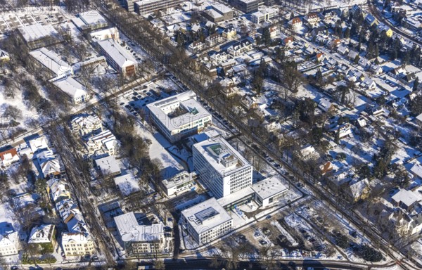 Aerial photo, Health and Environment Agency, Road Traffic Office, Unna, Ruhr area, North Rhine-Westphalia, Germany, authority, DE, Europe, aerial photo, aerial photography, aerial photography, snow, overview, bird's-eye view, winter, onset of winter, winter landscape, birds-eyes view, overview