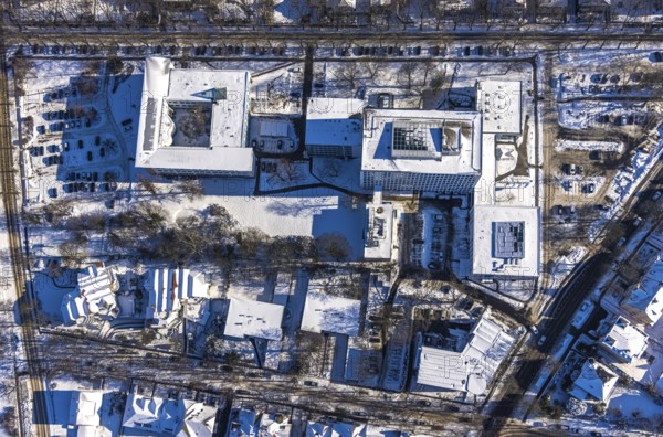 Aerial photo, Health and Environment Agency, Road Traffic Office, Unna, Ruhr area, North Rhine-Westphalia, Germany, authority, DE, Europe, aerial photo, aerial photography, aerial photography, snow, overview, bird's-eye view, winter, onset of winter, winter landscape, birds-eyes view, overview