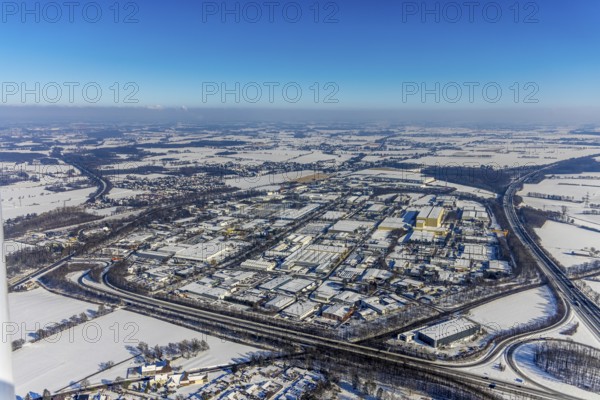 Aerial view, industrial park Unna, Ülzen, Unna, Ruhr area, North Rhine-Westphalia, Germany, DE, Europe, distant view, commercial enterprises, commercial area, commercial park, commercial location, commercial use, industrial area, industrial building, industrial location, aerial view, aerial photography, aerial photography, snow, overview, bird's eye view, winter, winter slump, winter landscape, birds-eyes view, overview