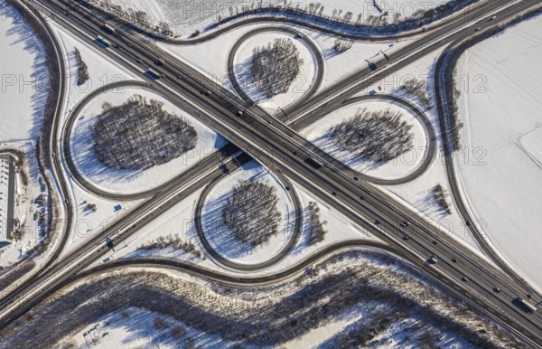 Aerial view, motorway junction Unna-Ost, Unna, Ruhr area, North Rhine-Westphalia, Germany, motorway A44, DE, Europe, shapes and colours, aerial view, aerial photography, aerial photography, snow, overview, bird's-eye view, winter, winter landscape, birds-eyes view, overview