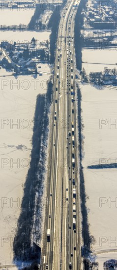 Aerial view, motorway A1 in winter, snow-covered roadway, Afferde, Unna, Ruhr area, North Rhine-Westphalia, Germany, DE, Europe, aerial view, aerial photography, aerial photography, snow, overview, bird's eye view, winter, winter landscape, birds-eyes view, overview