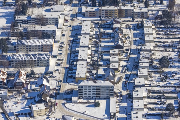 Aerial view, housing estate Gadumerstrasse, Afferde, Unna, Ruhr area, North Rhine-Westphalia, Germany, DE, Europe, property tax, real estate, aerial view, aerial photography, aerial photography, snow, overview, bird's-eye view, winter, onset of winter, winter landscape, residential complex, living and life, residential area, residential buildings, quality of life, residential neighbourhood, housing estate, birds-eyes view, overview