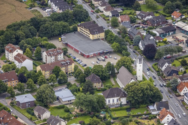 Aerial view, Edeka supermarket, Friedenskirche Maßen, Maßen, Unna, Ruhr area, North Rhine-Westphalia, Germany, place of worship, DE, shopping place, shopping centre, Europe, religious community, place of worship, holy place, church, parish, denomination, aerial view, aerial photography, aerial photography, local supply centre, religion, religious site, supermarket, overview, bird's-eye view, overview