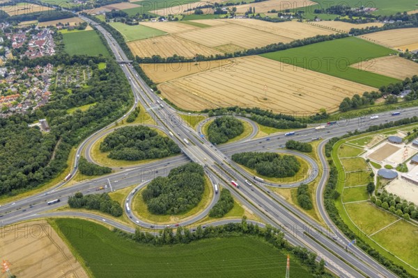 Aerial view, motorway junction Dortmund Unna, A1 and A44, Maßen, Unna, Ruhr area, North Rhine-Westphalia, Germany, motorway A1, motorway A44, motorway junction, DE, Europe, aerial photography, aerial photography, aerial photography, road traffic, overview, bird's-eye view, overview