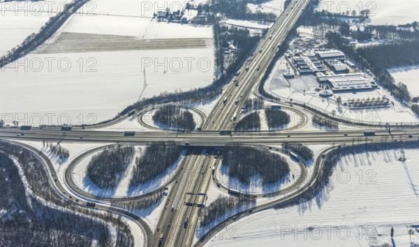 Aerial view, motorway junction Dortmund-Unna, A44 and A1, equestrian centre Massener Heide, Maßen, Unna, Ruhr area, North Rhine-Westphalia, Germany, motorway junction, federal road B1, DE, Europe, aerial view, aerial photography, aerial photography, equestrian sports, riding facility, riding stable, riding school, riding stable, snow, overview, bird's-eye view, winter, onset of winter, winter landscape, birds-eyes view, overview