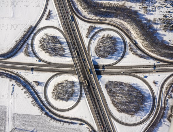 Aerial view, motorway junction Unna-Ost, Unna, Ruhr area, North Rhine-Westphalia, Germany, motorway A44, DE, Europe, shapes and colours, aerial view, aerial photography, aerial photography, snow, overview, bird's-eye view, winter, winter landscape, birds-eyes view, overview