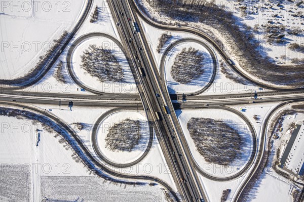 Aerial view, motorway junction Unna-Ost, Unna, Ruhr area, North Rhine-Westphalia, Germany, motorway A44, DE, Europe, shapes and colours, aerial view, aerial photography, aerial photography, snow, overview, bird's-eye view, winter, winter landscape, birds-eyes view, overview