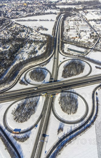 Aerial view, motorway junction Unna-Ost, Unna, Ruhr area, North Rhine-Westphalia, Germany, motorway A44, DE, Europe, shapes and colours, aerial view, aerial photography, aerial photography, snow, overview, bird's-eye view, winter, winter landscape, birds-eyes view, overview