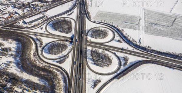Aerial view, motorway junction Unna-Ost, Unna, Ruhr area, North Rhine-Westphalia, Germany, motorway A44, DE, Europe, shapes and colours, aerial view, aerial photography, aerial photography, snow, overview, bird's-eye view, winter, winter landscape, birds-eyes view, overview