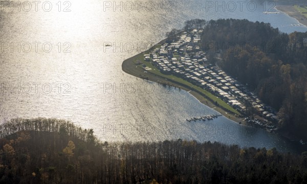 Aerial view, Sorpesee backlit with family camping Sorpesee campsite in the district of Langscheid in Sundern, Sauerland, North Rhine-Westphalia, Germany, camping, camping site, campsite, DE, Europe, backlight, aerial view, aerial photography, aerial photography, Sorpetalsperre, reservoir, Sundern, dam, overview, bird's-eye view, overview