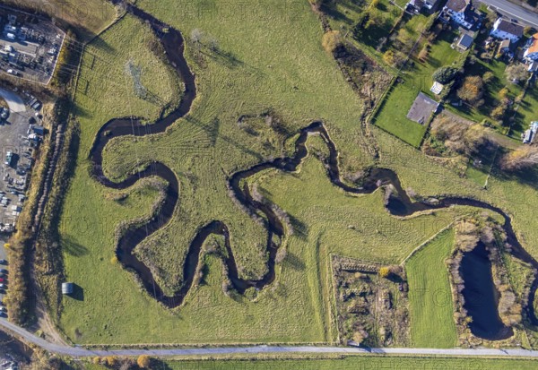 Aerial view, river meander of the Sorpe in the district Hachen in Sundern, Sauerland, North Rhine-Westphalia, Germany, DE, Europe, aerial view, aerial photography, aerial photography, meander, Sundern, overview, bird's-eye view, overview