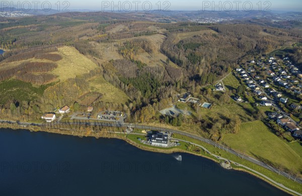 Aerial view, home harbour gastronomy on the lakeside promenade at Lake Sorpe and forest damage in the district of Amecke in Sundern, Sauerland, North Rhine-Westphalia, Germany, tree death, bark beetle damage, bark beetle plague, café, DE, Europe, spruce death, inn, restaurant, gastronomy, clear-cutting, aerial view, aerial photography, aerial photography, restaurant, Sorpe dam, reservoir, Sundern, dam, overview, bird's-eye view, forest, forest damage, forest damage, forest dieback, birds-eyes view, overview