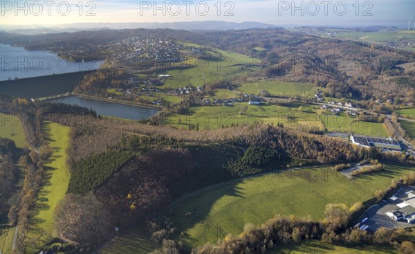Aerial view, forest area and meadows with equalisation basin at the Sorpedamm in the district Hachen in Sundern, Sauerland, North Rhine-Westphalia, Germany, DE, Europe, aerial view, aerial photography, aerial photography, dam wall, Sundern, overview, bird's eye view, birds-eyes view, overview