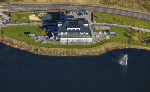 Aerial view, home harbour gastronomy at the lakeside promenade at the Sorpesee in the district Amecke in Sundern, Sauerland, North Rhine-Westphalia, Germany, café, DE, Europe, inn, restaurant, gastronomy, aerial view, aerial photography, aerial photography, restaurant, Sorpetalsperre, reservoir, Sundern, dam, overview, bird's-eye view, overview