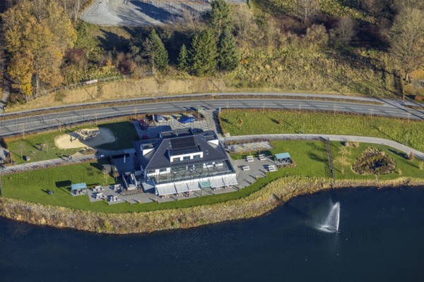 Aerial view, home harbour gastronomy at the lakeside promenade at the Sorpesee in the district Amecke in Sundern, Sauerland, North Rhine-Westphalia, Germany, café, DE, Europe, inn, restaurant, gastronomy, aerial view, aerial photography, aerial photography, restaurant, Sorpetalsperre, reservoir, Sundern, dam, overview, bird's-eye view, overview