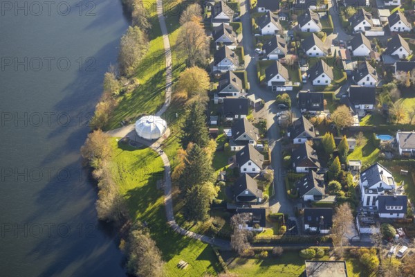 Aerial view, white pavilion at the air adventure trail at the Sorpe lake in the district Amecke in Sundern, Sauerland, North Rhine-Westphalia, Germany, DE, Europe, aerial view, aerial photography, aerial photography, sight, Sorpe dam, reservoir, Sundern, dam, overview, bird's-eye view, overview