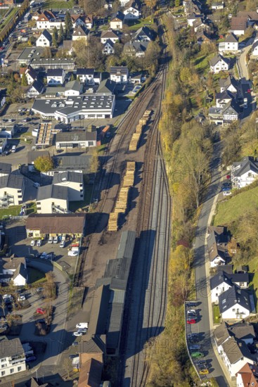 Aerial view, timber loading at Sundern railway station in Sundern, Sauerland, North Rhine-Westphalia, Germany, railway tracks, railway station, DE, Deutsche Bahn AG, Europe, aerial view, aerial photography, aerial photography, Sundern, overview, bird's eye view, birds-eyes view, overview