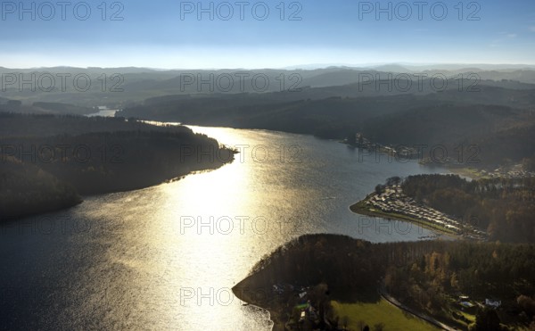 Aerial view, Sorpesee in backlight in the district Langscheid in Sundern, Sauerland, North Rhine-Westphalia, Germany, DE, Europe, distant view, backlight, aerial view, aerial photography, aerial photography, lake, Sorpe dam, reservoir, Sundern, dam, overview, bird's-eye view, overview
