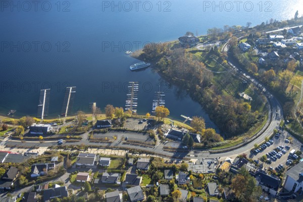 Aerial view, boat moorings Yachtclub Sorpesee am Sorpesee im Ortsteil Langscheid in Sundern, Sauerland, North Rhine-Westphalia, Germany, excursion boat, boat mooring, DE, Europe, marina, aerial view, aerial photography, aerial photography, Sorpetalsperre, reservoir, Sundern, dam, overview, bird's-eye view, yacht mooring, birds-eyes view, overview