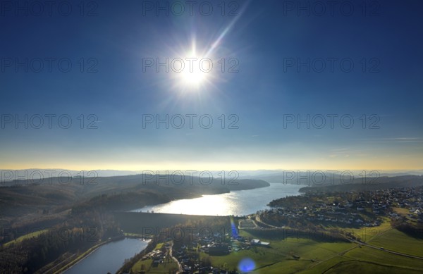 Aerial view, Sorpesee in backlight in the district Langscheid in Sundern, Sauerland, North Rhine-Westphalia, Germany, DE, Europe, distant view, backlight, aerial view, aerial photography, aerial photography, lake, Sorpe dam, reservoir, Sundern, dam, overview, bird's-eye view, overview