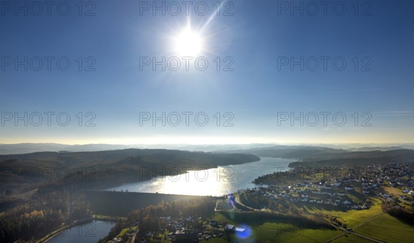 Aerial view, Sorpesee in backlight in the district Langscheid in Sundern, Sauerland, North Rhine-Westphalia, Germany, DE, Europe, distant view, backlight, aerial view, aerial photography, aerial photography, lake, Sorpe dam, reservoir, Sundern, dam, overview, bird's-eye view, overview