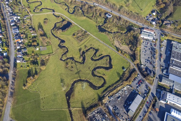 Aerial view, river meander of the Sorpe in the district Hachen in Sundern, Sauerland, North Rhine-Westphalia, Germany, DE, Europe, aerial view, aerial photography, aerial photography, meander, Sundern, overview, bird's-eye view, overview