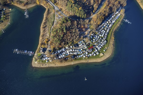 Aerial view, Sorpesee with family camping Sorpesee campsite in the district Langscheid in Sundern, Sauerland, North Rhine-Westphalia, Germany, camping, camping facility, camping houses, campsite, DE, Europe, leisure, backlight, aerial view, aerial photography, aerial photography, Sorpetalsperre, reservoir, Sundern, dam, overview, bird's eye view, birds-eyes view, overview