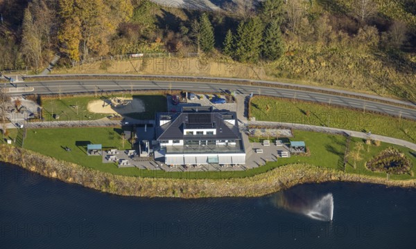 Aerial view, gastronomy home harbour at the lakeside promenade at the Sorpesee in the district Amecke in Sundern, Sauerland, North Rhine-Westphalia, Germany, café, DE, Europe, inn, restaurant, gastronomy, aerial view, aerial photography, aerial photography, restaurant, Sorpetalsperre, reservoir, Sundern, dam, overview, bird's-eye view, overview