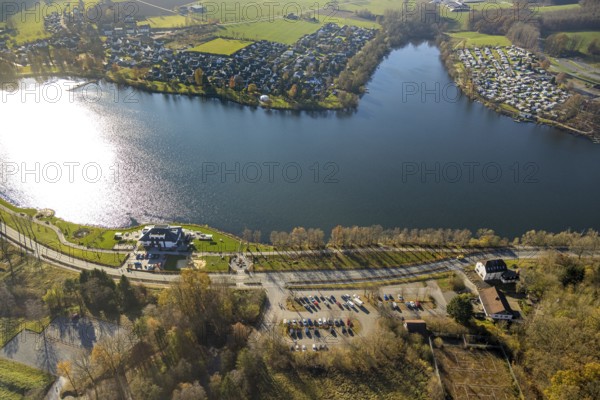 Aerial view, home harbour gastronomy at the lakeside promenade at the Sorpesee in the district Amecke in Sundern, Sauerland, North Rhine-Westphalia, Germany, café, DE, Europe, inn, restaurant, gastronomy, aerial view, aerial photography, aerial photography, restaurant, Sorpetalsperre, reservoir, Sundern, dam, overview, bird's-eye view, overview