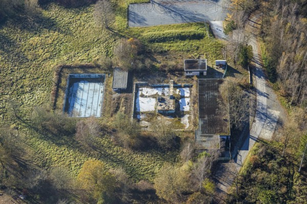 Aerial view, former outdoor swimming pool at the Sorpesee in the district Amecke in Sundern, Sauerland, North Rhine-Westphalia, Germany, DE, Europe, outdoor swimming pool, aerial view, aerial photography, aerial photography, swimming pool, swimming pool, Sorpetalsperre, reservoir, Sundern, dam, overview, bird's-eye view, lost place, overview