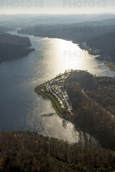 Aerial view, Sorpesee backlit with family campsite Sorpesee Campingplatz im Ortsteil Langscheid in Sundern, Sauerland, North Rhine-Westphalia, Germany, camping, camping site, campsite, DE, Europe, distant view, backlight, aerial view, aerial photography, aerial photography, Sorpetalsperre, reservoir, Sundern, dam, overview, bird's-eye view, birds-eyes view, overview
