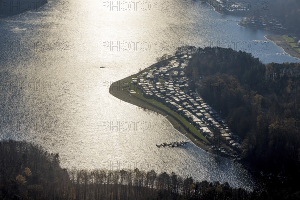 Aerial view, Sorpesee in backlight in the district Langscheid in Sundern, Sauerland, North Rhine-Westphalia, Germany, DE, Europe, backlight, aerial view, aerial photography, aerial photography, lake, Sorpetalsperre, reservoir, Sundern, dam, overview, bird's-eye view, overview