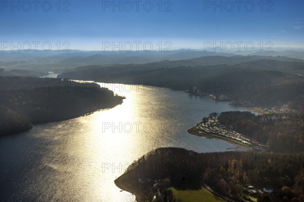 Aerial view, Sorpesee in backlight in the district Langscheid in Sundern, Sauerland, North Rhine-Westphalia, Germany, DE, Europe, distant view, backlight, aerial view, aerial photography, aerial photography, lake, Sorpe dam, reservoir, Sundern, dam, overview, bird's-eye view, overview