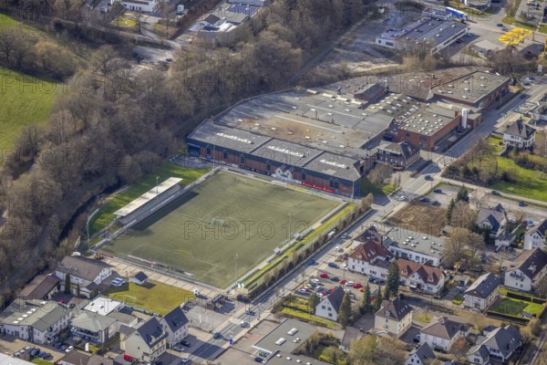 Aerial view, sports field Röhrtalstadion, MESU Metallwerk Sundern, Sundern, Sauerland, North Rhine-Westphalia, Germany, DE, Europe, football pitch, football stadium, commercial enterprises, commercial area, commercial site, commercial use, industrial area, industrial site, aerial photograph, aerial photography, aerial photography, sports, sports facilities, sports field, sports facility, overview, bird's-eye view, bird's-eye view, overview