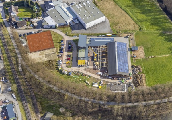 Aerial view, construction site and new building veterinary practice for horses and small animals in Stemel, Sundern, Sauerland, North Rhine-Westphalia, Germany, DE, Europe, Frankfurter Straße, health care, aerial view, aerial photography, aerial photography, medical facility, medical aid, sport, tennis, tennis facility Stemel, veterinary practice, overview, bird's-eye view, overview, medical care