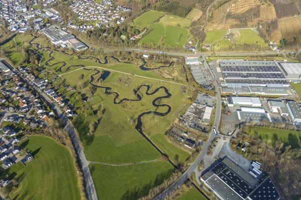 Aerial view, nature reserve Röhr, river Sorpe meander and river Röhr meander in Tiefenhagen near Hachen, Sundern, Sauerland, North Rhine-Westphalia, Germany, DE, Europe, aerial view, aerial photography, aerial photography, meander, nature reserve, overview, bird's-eye view, birds-eyes view, overview