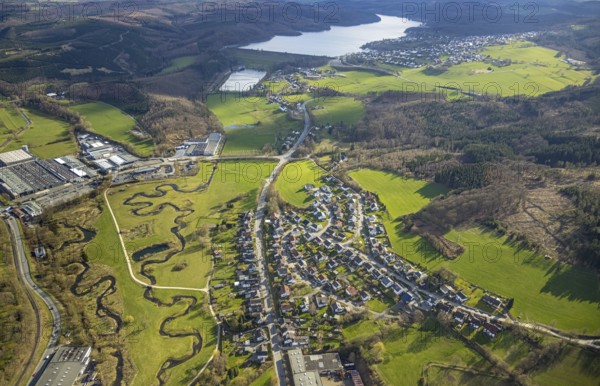 Aerial view, nature reserve Röhr, river Sorpe meander and river Röhr meander in Tiefenhagen near Hachen, Sundern, Sauerland, North Rhine-Westphalia, Germany, DE, Europe, aerial view, aerial photography, aerial photography, meander, nature reserve, lake, lake Sorpe, overview, bird's-eye view, overview