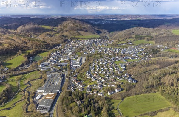 Aerial view, aerial view Hachen, Sundern, Sauerland, North Rhine-Westphalia, Germany, DE, Europe, distant view, property tax, hilly landscape, real estate, aerial view, aerial photography, aerial photography, overview, bird's eye view, residential complex, living and living, residential area, residential buildings, birds-eyes view, overview