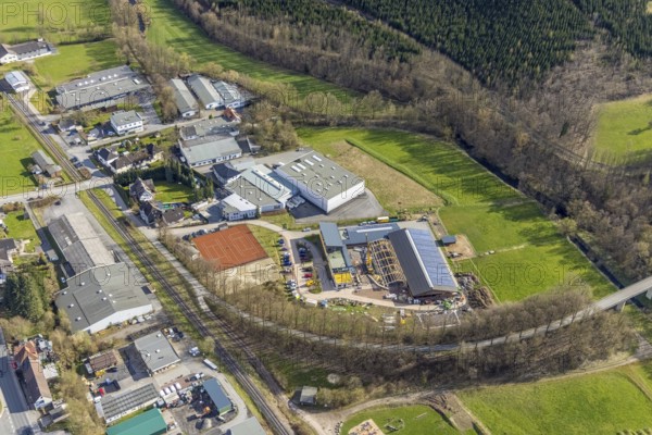 Aerial view, construction site and new building veterinary practice for horses and small animals in Stemel, Sundern, Sauerland, North Rhine-Westphalia, Germany, DE, Europe, Frankfurter Straße, health care, aerial view, aerial photography, aerial photography, medical facility, medical aid, sport, tennis, tennis facility Stemel, veterinary practice, overview, bird's-eye view, overview, medical care