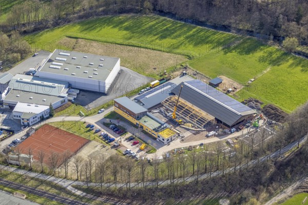 Aerial view, construction site and new building veterinary practice for horses and small animals in Stemel, Sundern, Sauerland, North Rhine-Westphalia, Germany, DE, Europe, Frankfurter Straße, health care, aerial view, aerial photography, aerial photography, medical facility, medical aid, sport, tennis, tennis facility Stemel, veterinary practice, overview, bird's-eye view, overview, medical care