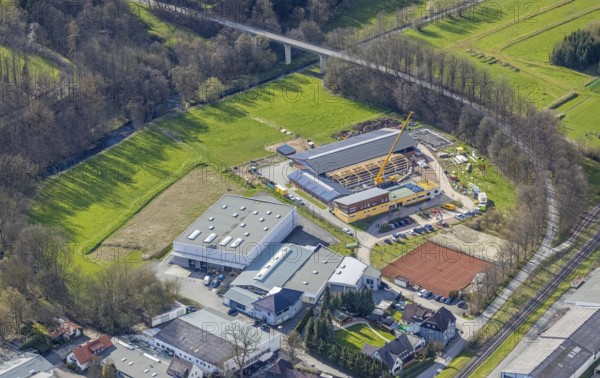Aerial view, construction site and new building veterinary practice for horses and small animals in Stemel, Sundern, Sauerland, North Rhine-Westphalia, Germany, DE, Europe, Frankfurter Straße, health care, aerial view, aerial photography, aerial photography, medical facility, medical aid, sport, tennis, tennis facility Stemel, veterinary practice, overview, bird's-eye view, overview, medical care