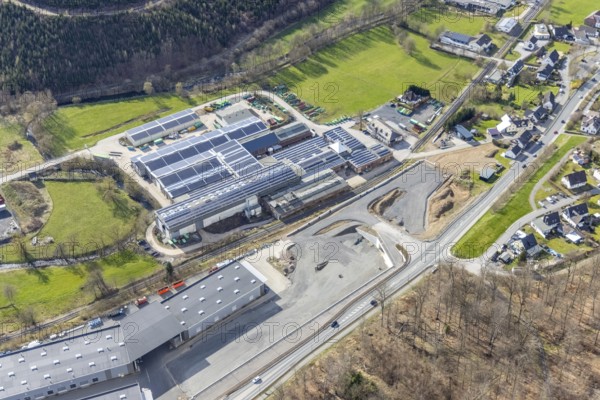 Aerial view, construction site hbwt e.K. Wärmebehandlungstechnik, Stemel, Sundern, Sauerland, North Rhine-Westphalia, Germany, construction area, construction site, building plots, construction project, construction site, DE, Europe, aerial view, aerial photography, aerial photography, photovoltaic, photovoltaic system, solar, solar system, solar energy, solar energy, overview, bird's-eye view, birds-eyes view, overview