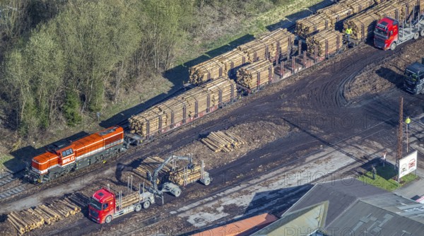 Aerial photo, timber transport and loading at Sundern station, Sundern, Sauerland, North Rhine-Westphalia, Germany, railway tracks, station, DE, Deutsche Bahn AG, Europe, goods, freight transport, freight traffic, main station, aerial photo, aerial photography, aerial photography, overview, bird's-eye view, birds-eyes view, overview, spruce dieback, bark beetle plague, bark beetle damage, dead spruce, spruce clear-cut, clear-cutting, damaged wood