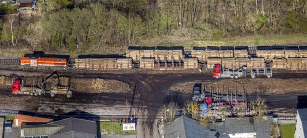 Aerial photo, timber transport and loading at Sundern station, Sundern, Sauerland, North Rhine-Westphalia, Germany, railway tracks, station, DE, Deutsche Bahn AG, Europe, goods, freight transport, freight traffic, main station, aerial photo, aerial photography, aerial photography, overview, bird's-eye view, birds-eyes view, overview, spruce dieback, bark beetle plague, bark beetle damage, dead spruce, spruce clear-cut, clear-cutting, damaged wood
