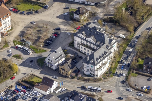 Aerial photo, Hotel Sunderland and Town Hall Square, Rathausplatz in Sundern, Sundern, Sauerland, North Rhine-Westphalia, Germany, DE, Europe, gastronomy, hotel, hotel facilities, hotel business, aerial photography, aerial photography, overview, bird's-eye view, overview
