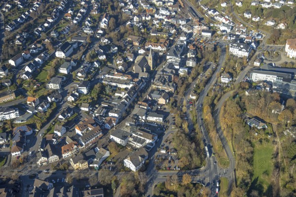 Aerial view, city centre with St. Johannes Church in Sundern, Sauerland, North Rhine-Westphalia, Germany, place of worship, DE, Europe, religious community, place of worship, holy place, church, parish, denomination, aerial view, aerial photography, aerial photography, religion, religious site, Sundern, overview, bird's-eye view, overview