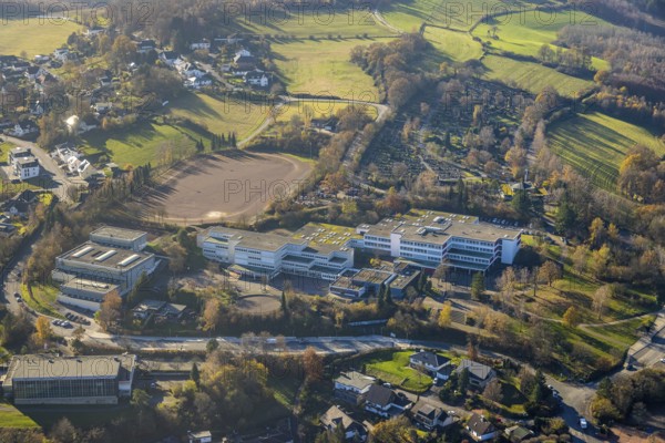 Aerial view, school centre with Städt. Gymnasium and Gemeinschaftshauptschule in Sundern, Sauerland, North Rhine-Westphalia, Germany, education, educational institution, DE, Europe, educational institute, aerial view, aerial photography, aerial photography, school, sports hall, Sundern, overview, bird's eye view, birds-eyes view, overview